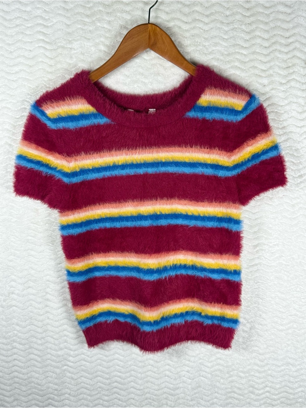 Fuzzy Short-Sleeve Stripe Sweater - Berry Multicolor
